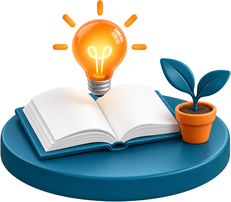 Libro abierto con una bombilla encendida y una planta, ilustracion 3D