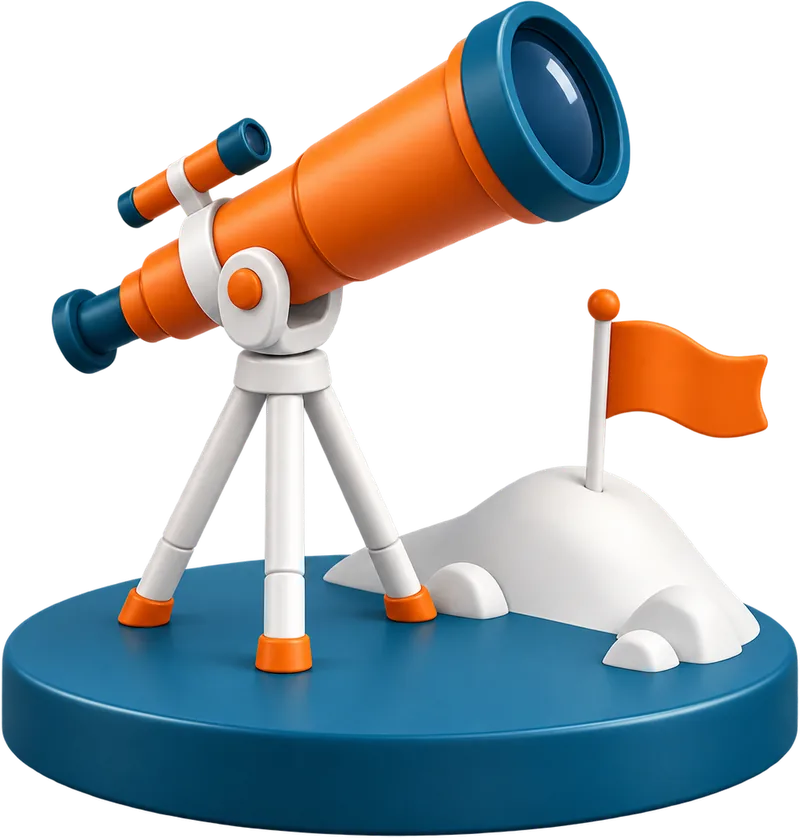 Telescopio y bandera sobre una plataforma, ilustracion 3D